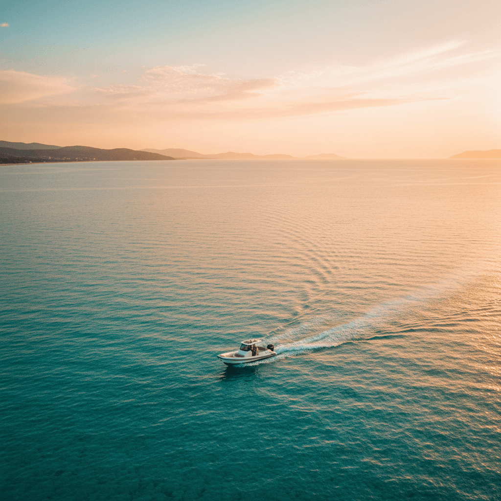 RIB cruising the golden-hour turquoise water near Lefkada